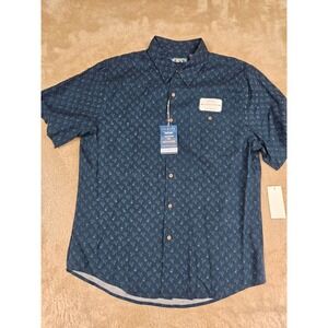 New Campia Mens Modern Fit Button Down Shirt Tropical Palm Print Indigo Size M‎